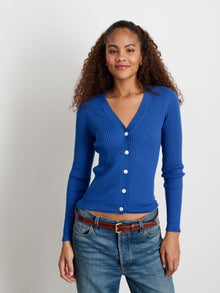 Women | V-Neck Ribbed Cardigan | Cosmic Blue