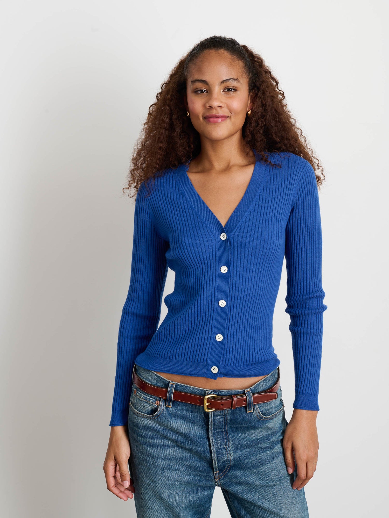 Women | V-Neck Ribbed Cardigan | Cosmic Blue