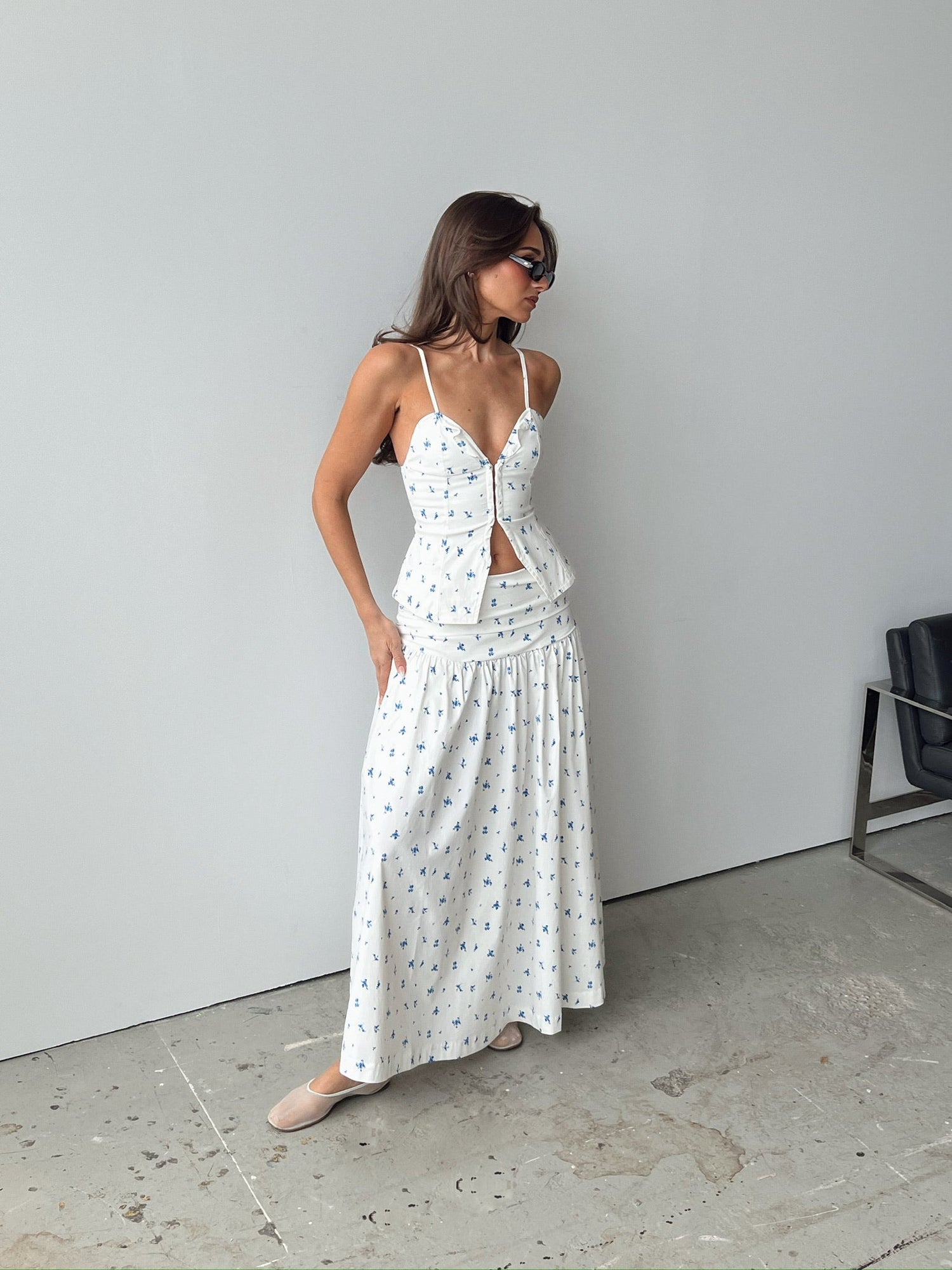 Ruched Waist Midi Skirt | Sky