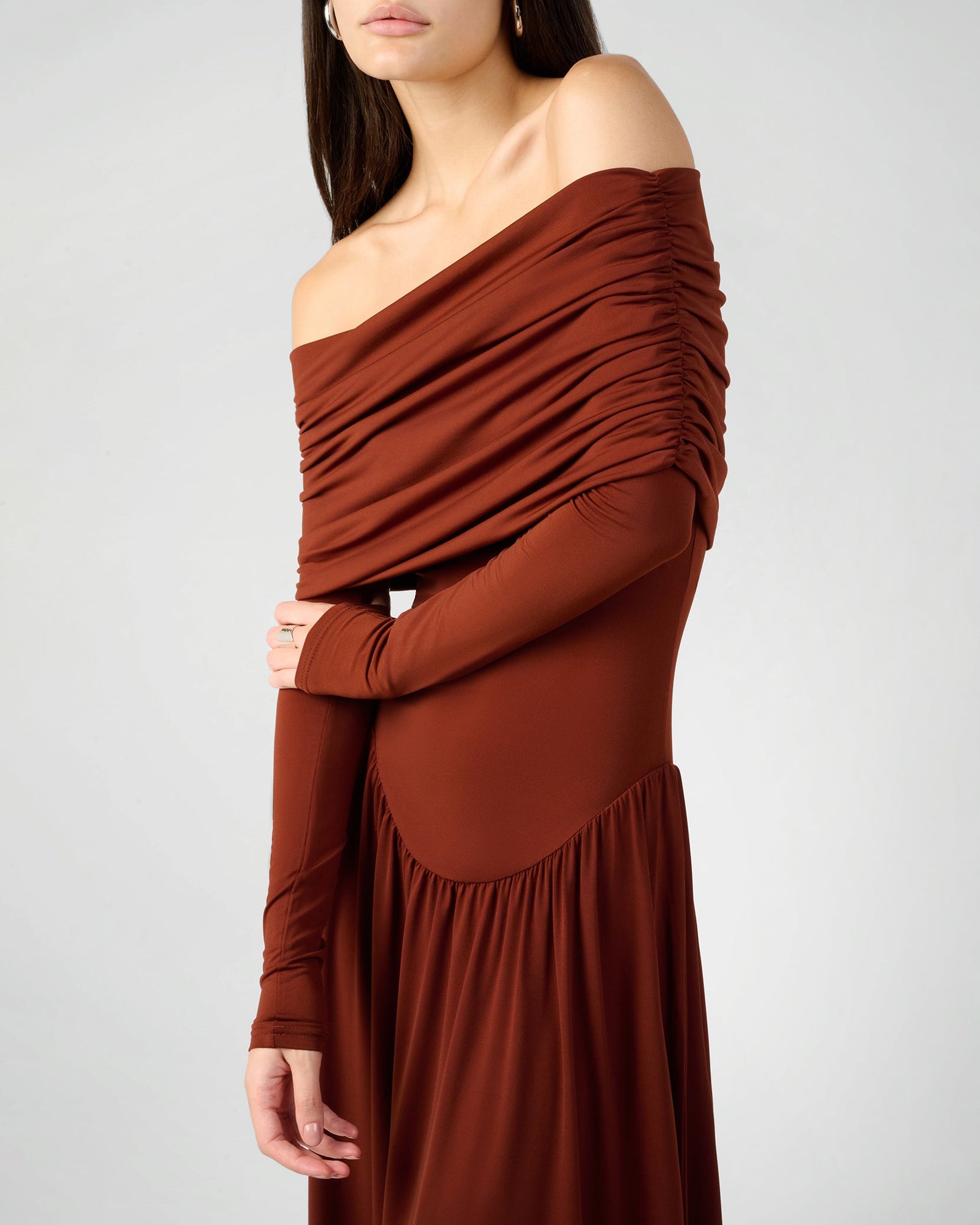 knee length dresses for ladies Tamara | Burgundy Long-Sleeve Ruched Midi Dress main image 1