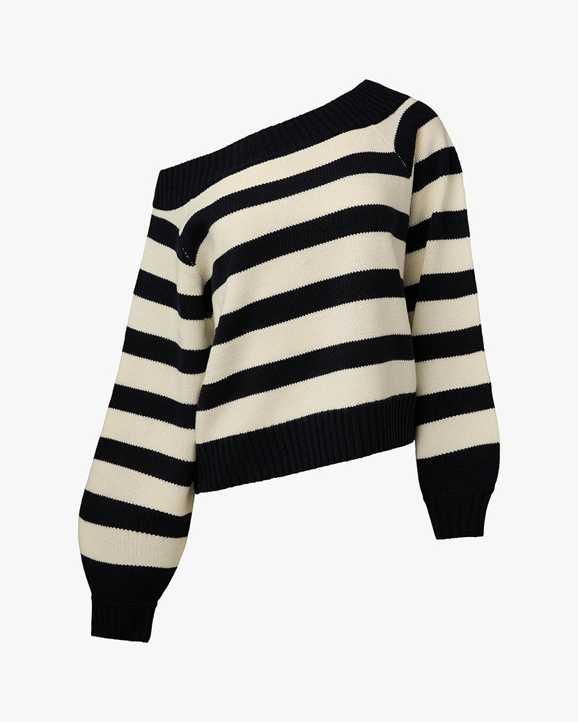 Off Shoulder Sweater | Navy/White