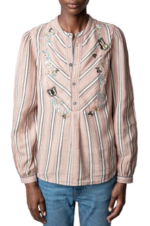 Teda Raye Embroidery Shirt | Pink Striped