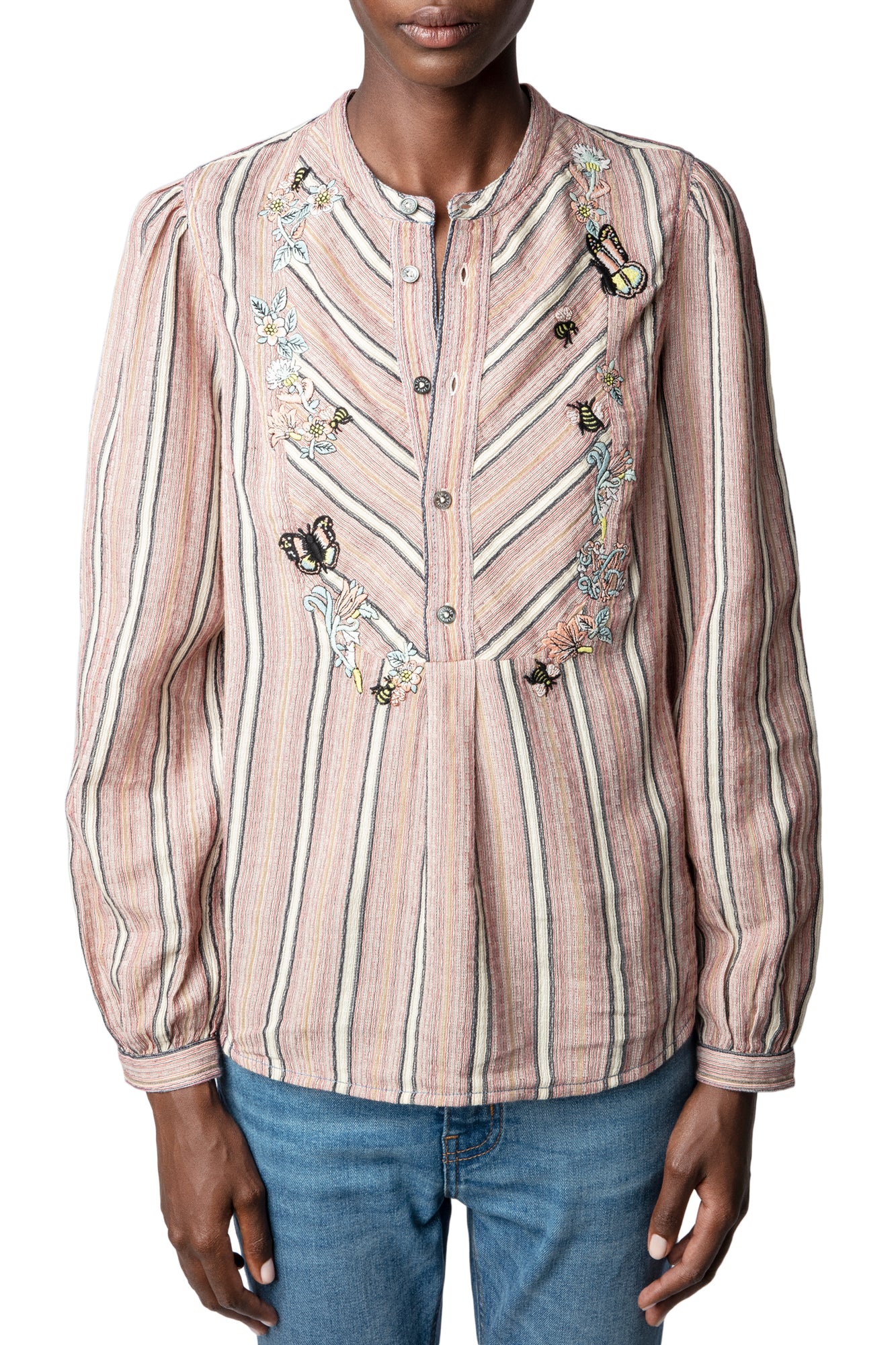 Teda Raye Embroidery Shirt | Pink Striped