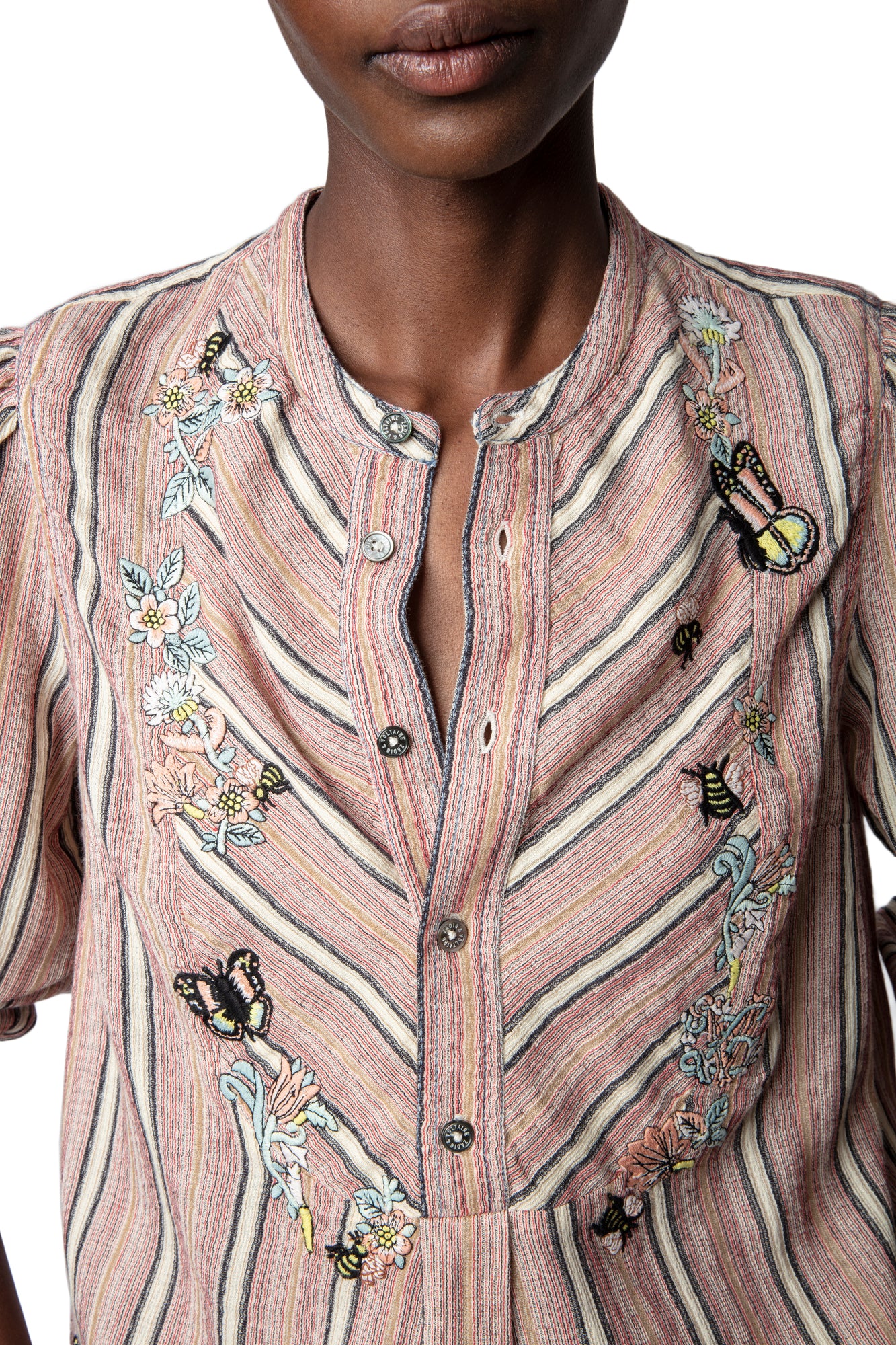 Teda Raye Embroidery Shirt | Pink Striped