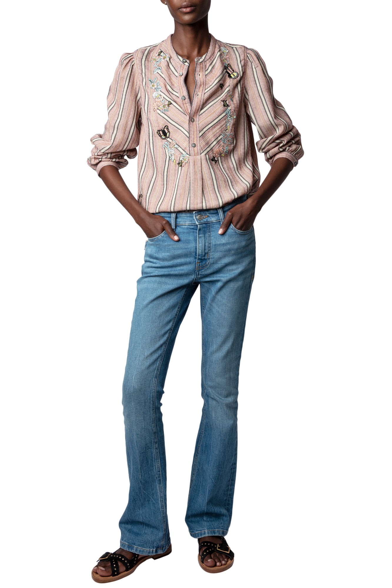 Teda Raye Embroidery Shirt | Pink Striped