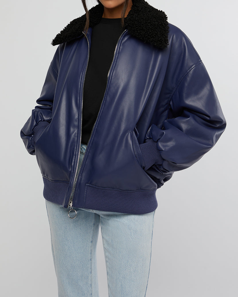 Faux Sherpa Collar Bomber Jacket | Navy/Black