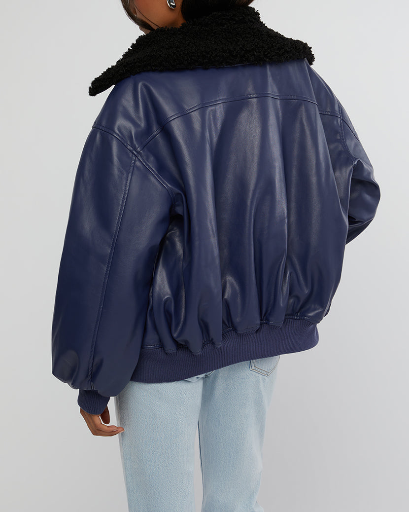 Faux Sherpa Collar Bomber Jacket | Navy/Black