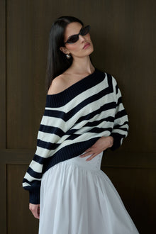 Off Shoulder Sweater | Navy/White