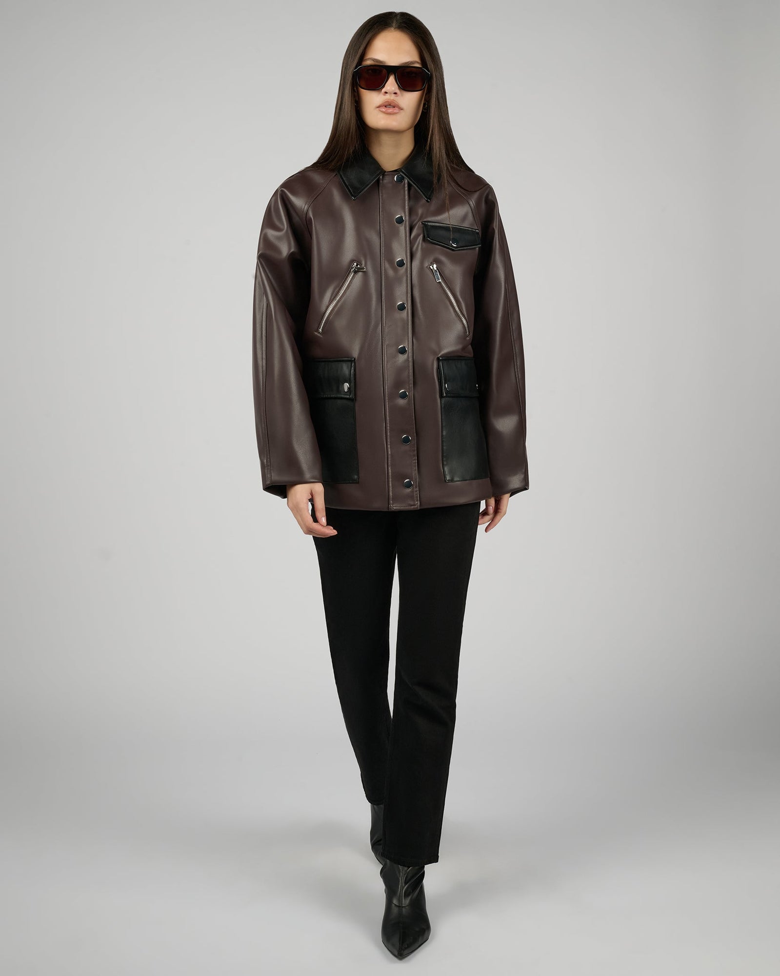 Cocoon Leather Jacket | Dark Brown x Black