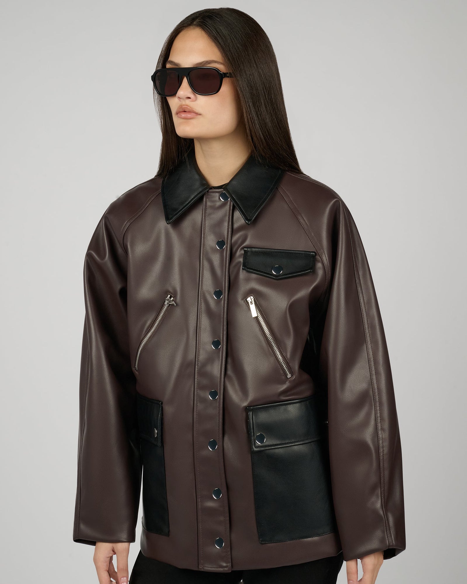 Cocoon Leather Jacket | Dark Brown x Black