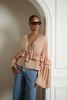 Ruffle Tie Front Top | Almond
