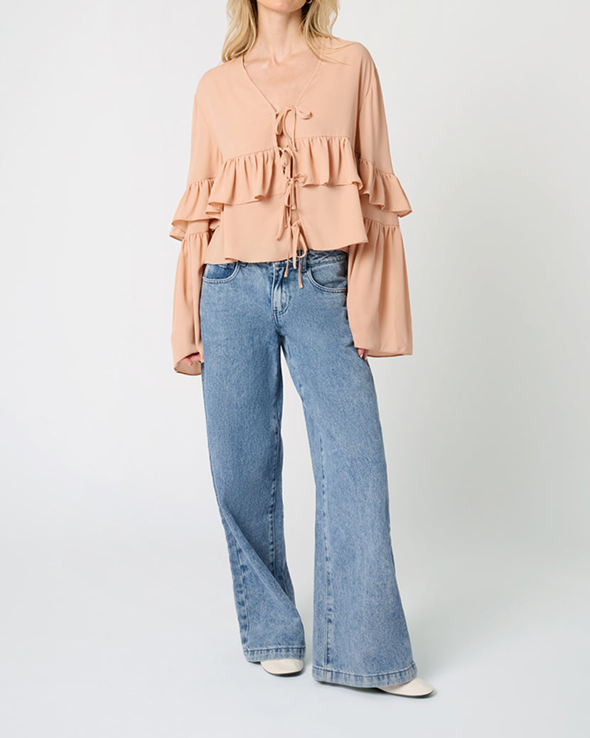 Ruffle Tie Front Top | Almond