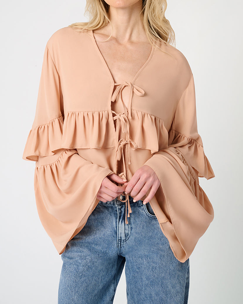 Ruffle Tie Front Top | Almond