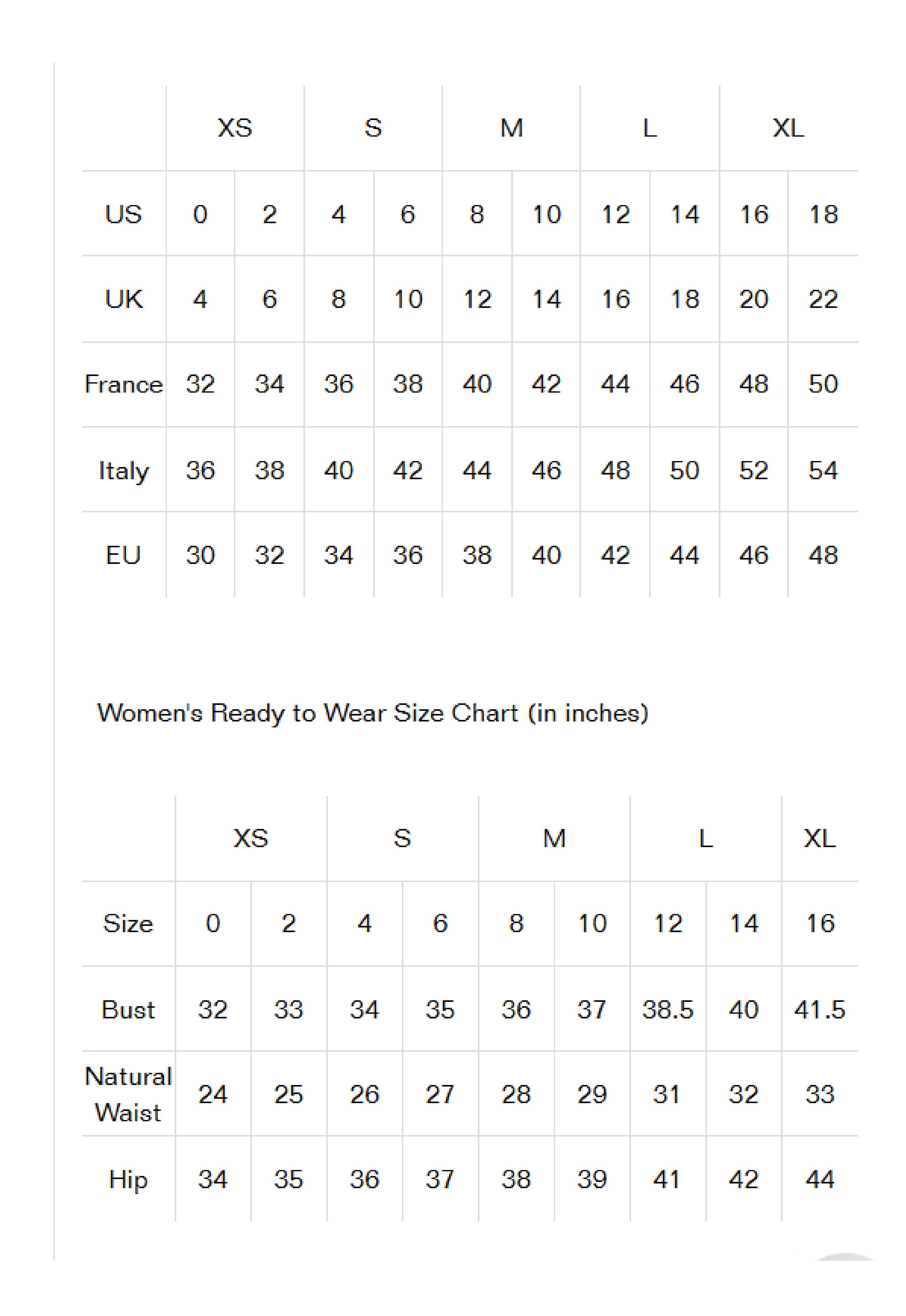 Product size guide