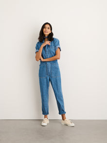 Women | Standard Short Sleeve Jumpsuit | Denim Medium Wash