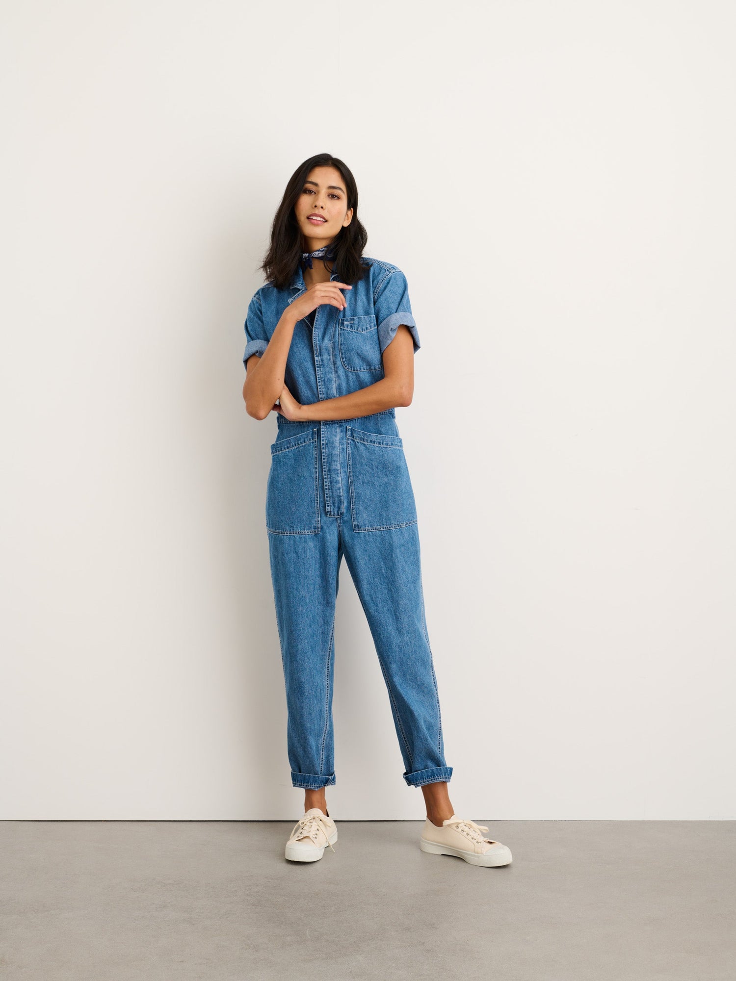 Women | Standard Short Sleeve Jumpsuit | Denim Medium Wash