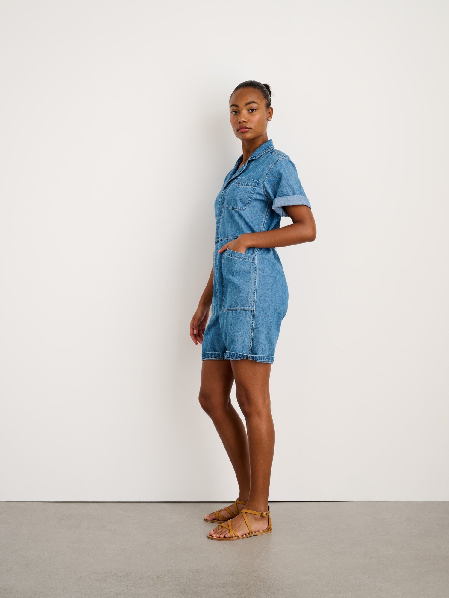 Women | Standard Short Jumpsuit | Denim Medium Wash