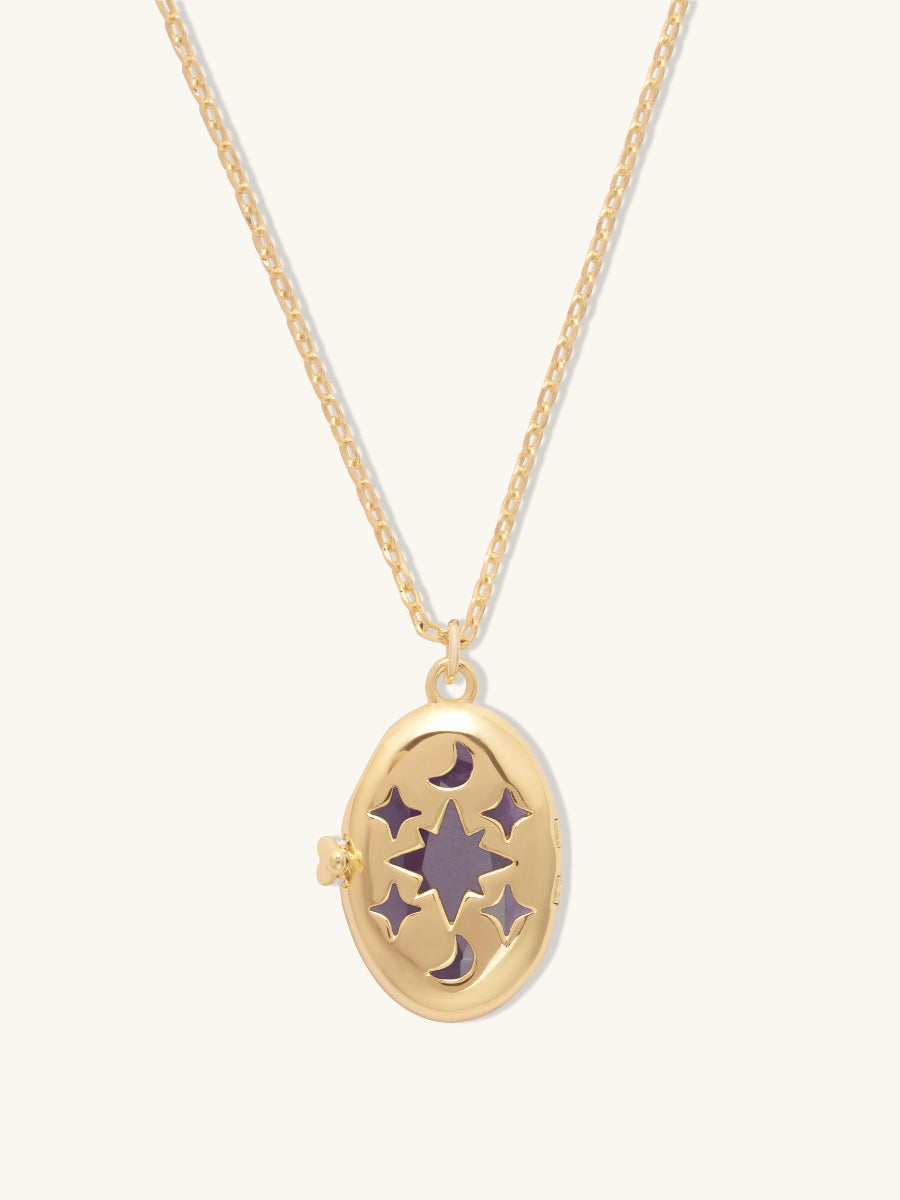 Aura Amethyst Locket Necklace | Amethyst | 14K Gold Plated Brass