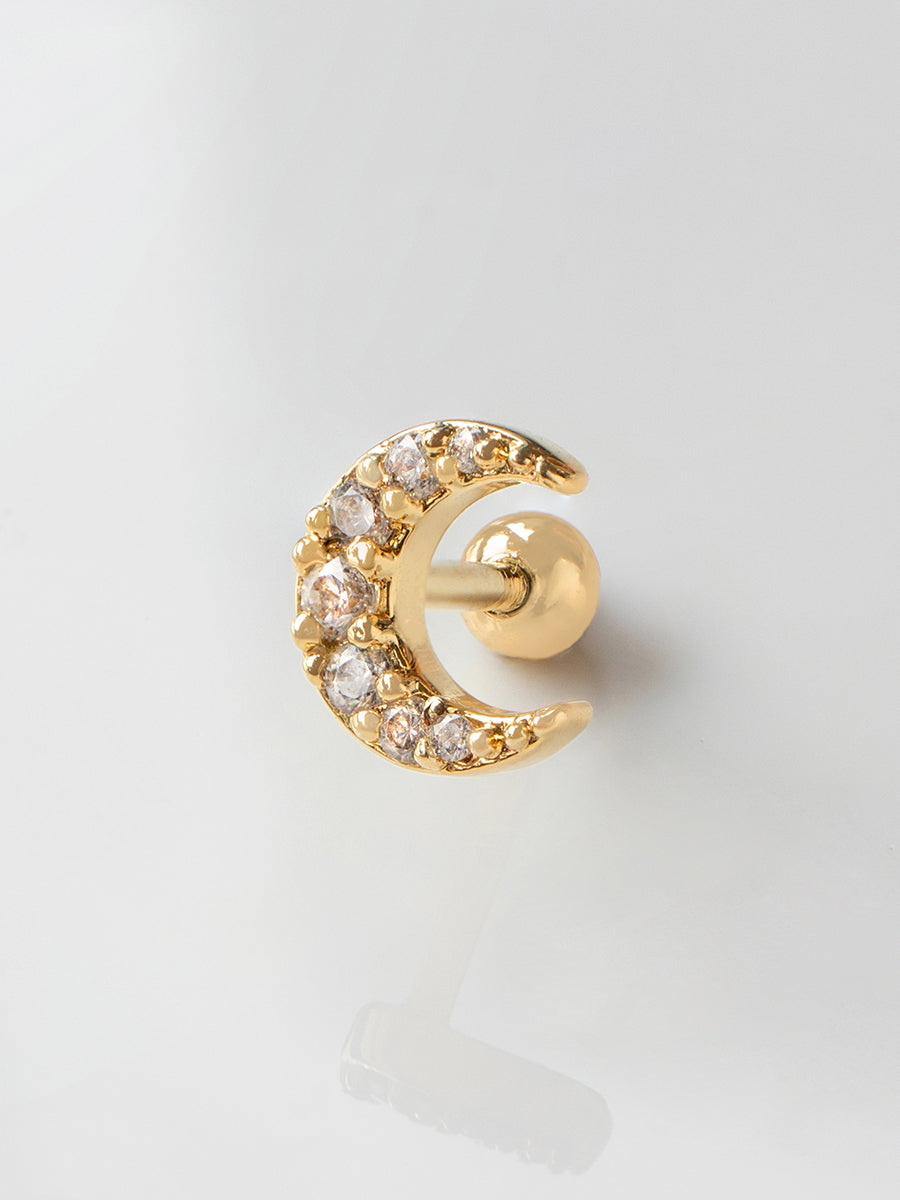 Crescent Diamante Barbell Earring | 5A Grade Cubic Zirconia | 14K Gold Plated Brass