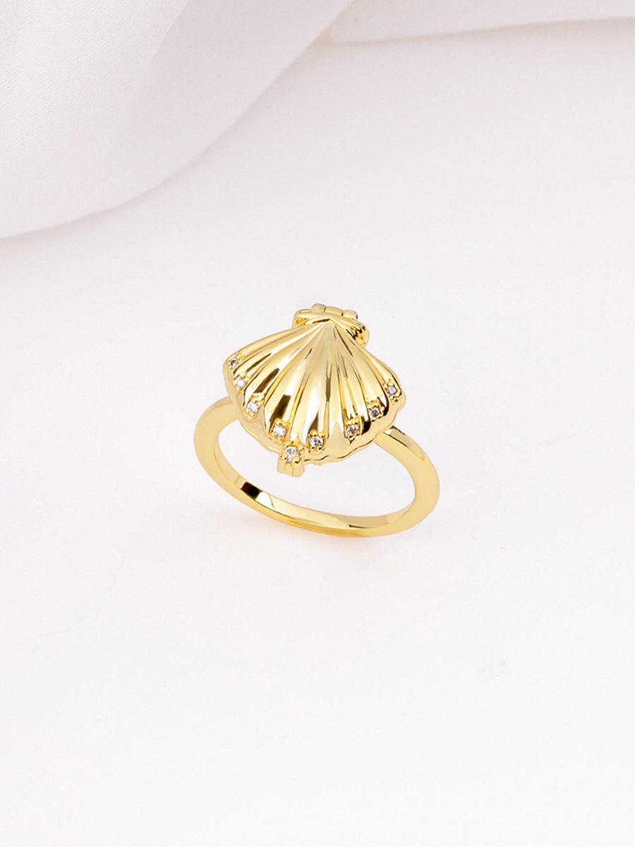Sundaze Shell Locket Ring | Freshwater Pearls/5A Grade Cubic Zirconia | 14K Gold Plated Brass