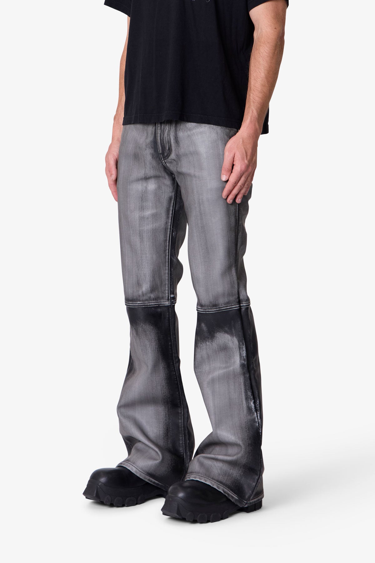Washed Leather Flare Pants | Black