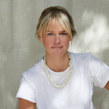 White Pearl and Crystal Collar Necklace Styled on Maggie in White T-Shirt