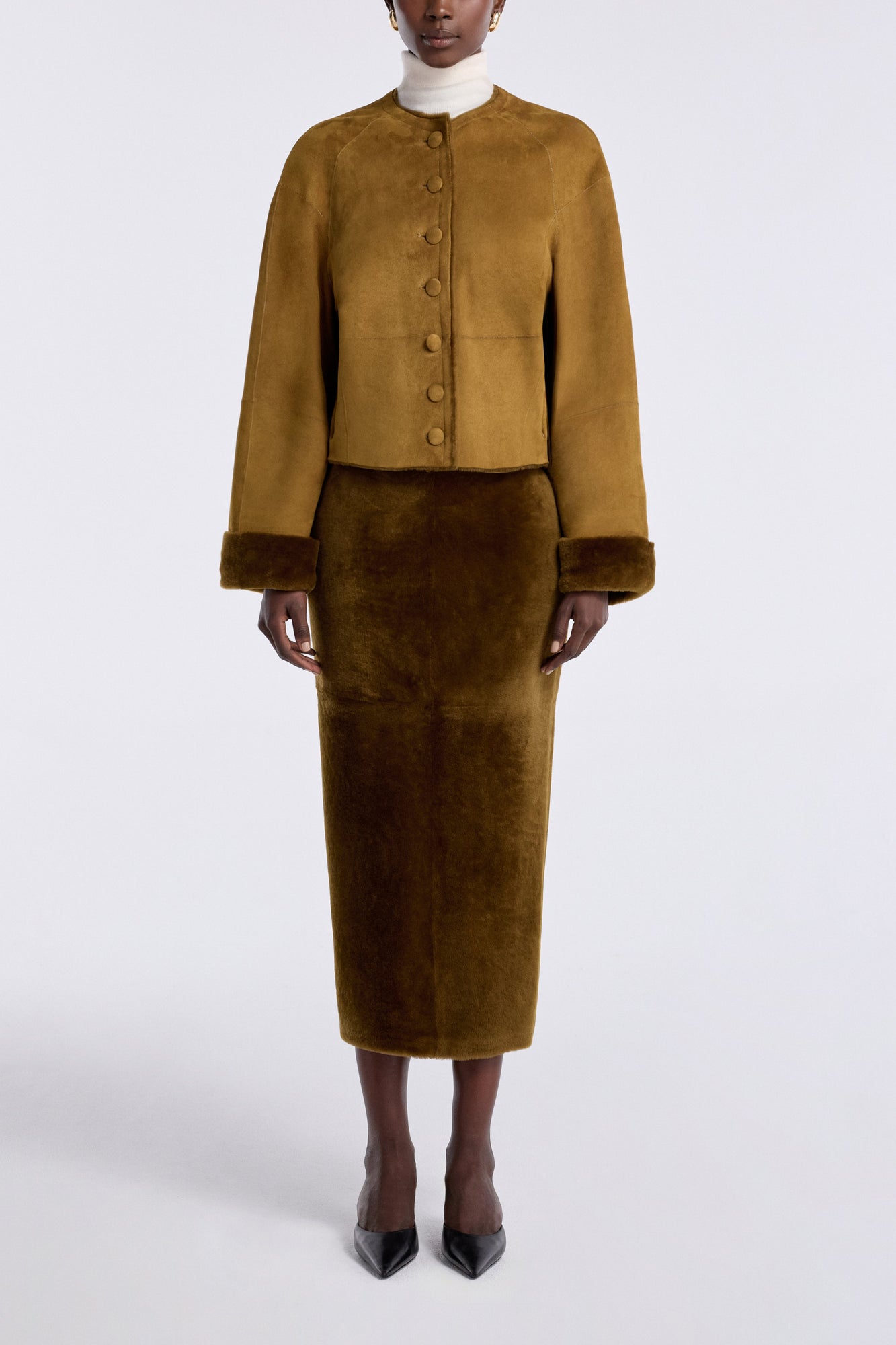 Model is wearing the Nour Hammour Willow Cropped Shearling Cardigan Chartreuse - Front Closed