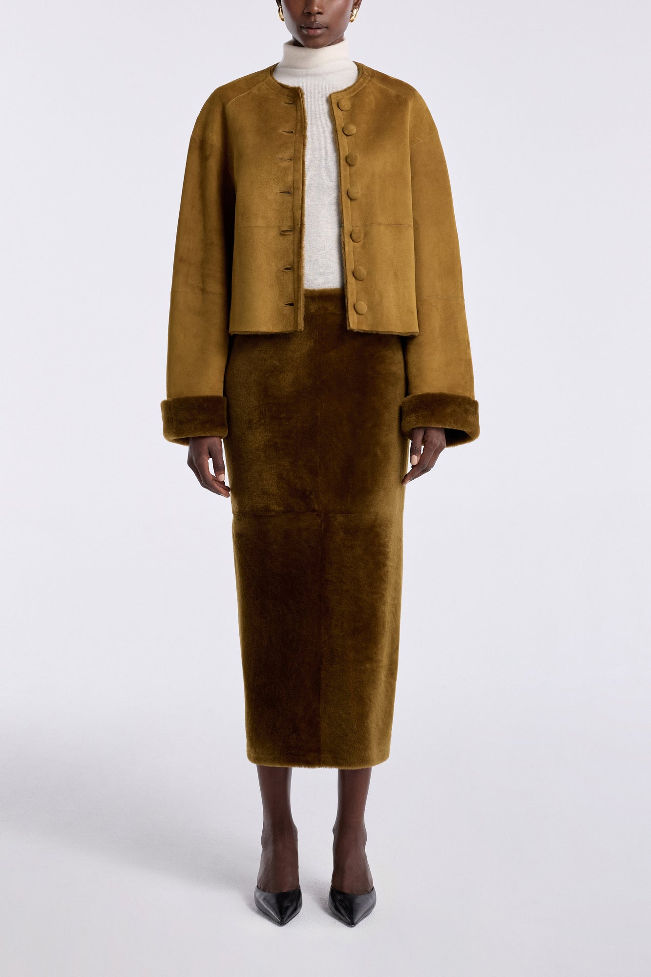 Model is wearing the Nour Hammour Willow Cropped Shearling Cardigan Chartreuse - Front Open
