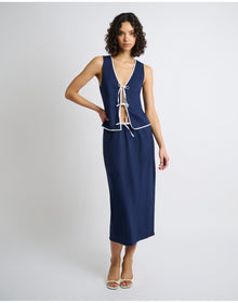 Women | Air Linen Tie Front Tank | Deep Navy White
