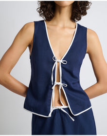 Women | Air Linen Tie Front Tank | Deep Navy White
