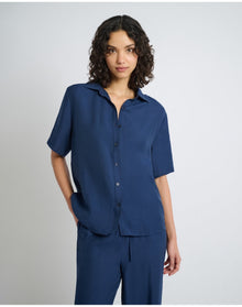 Women | Crinkle Oversized Short Sleeve Button Up Shirt | Deep Navy