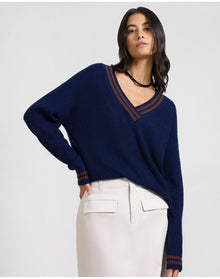 Women | Deep V Neck Varsity Pullover Sweater | Noir Navy Chestnut