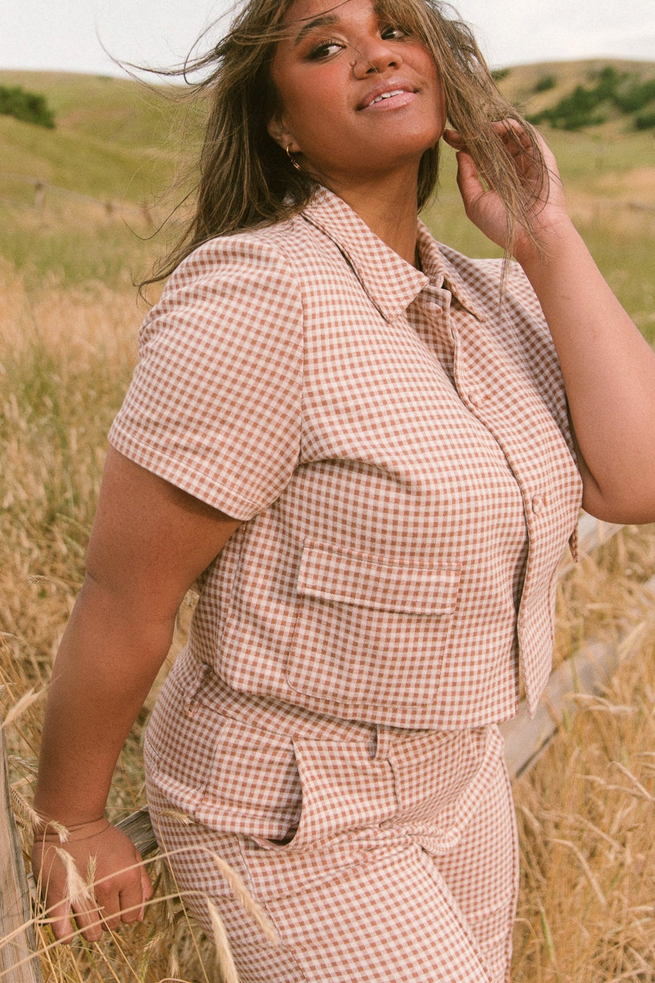 Women | Drew Blouse | Tan x Gingham