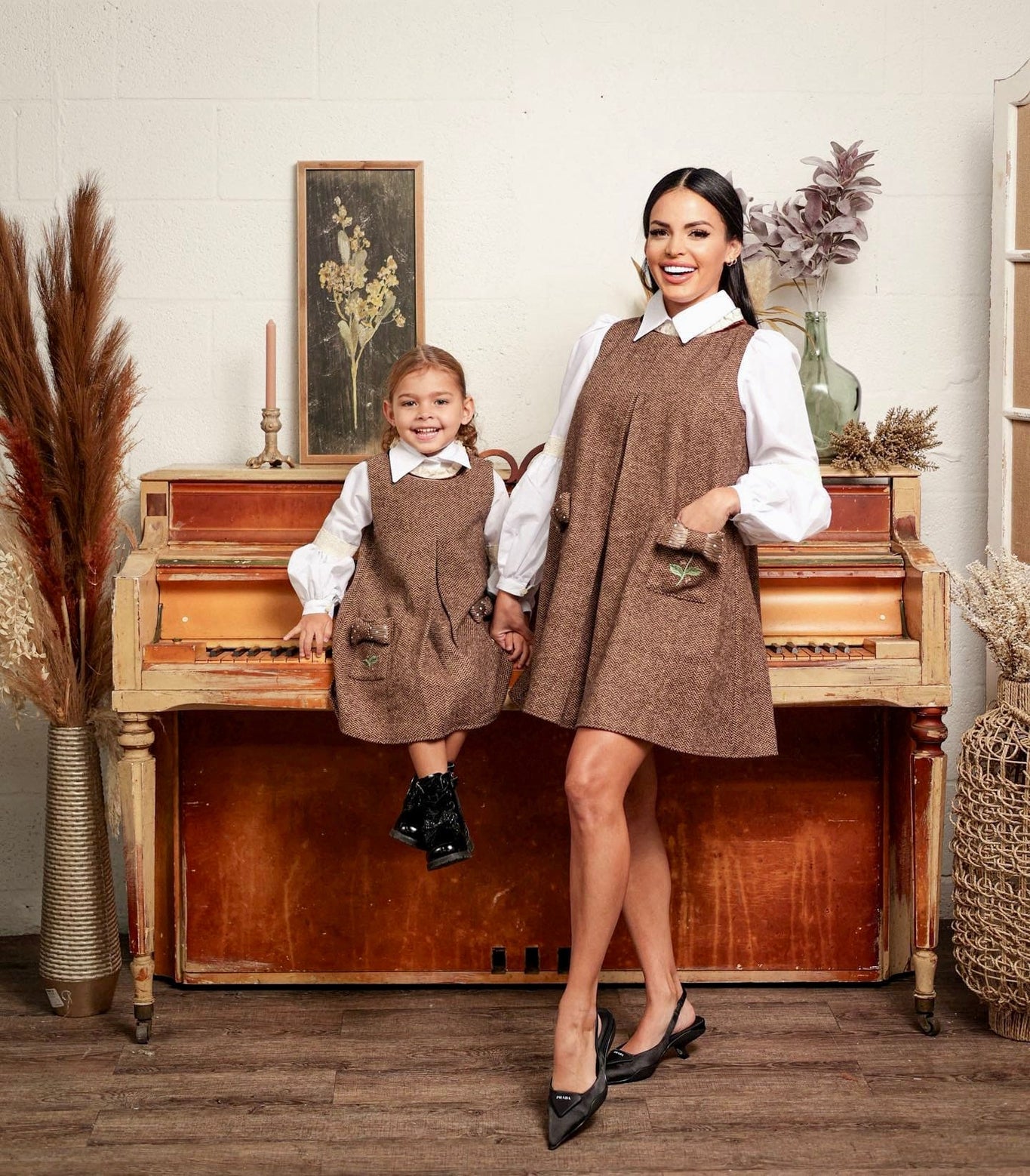 Women | Herringbone Tweed Mom Dress | Brown x White