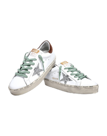 Women | Hi Star Sneakers White Leather with Silver Glitter Star & Brown Hammered Leather Heel Tab | White x Silver x Brown