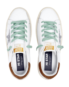 Women | Hi Star Sneakers White Leather with Silver Glitter Star & Brown Hammered Leather Heel Tab | White x Silver x Brown