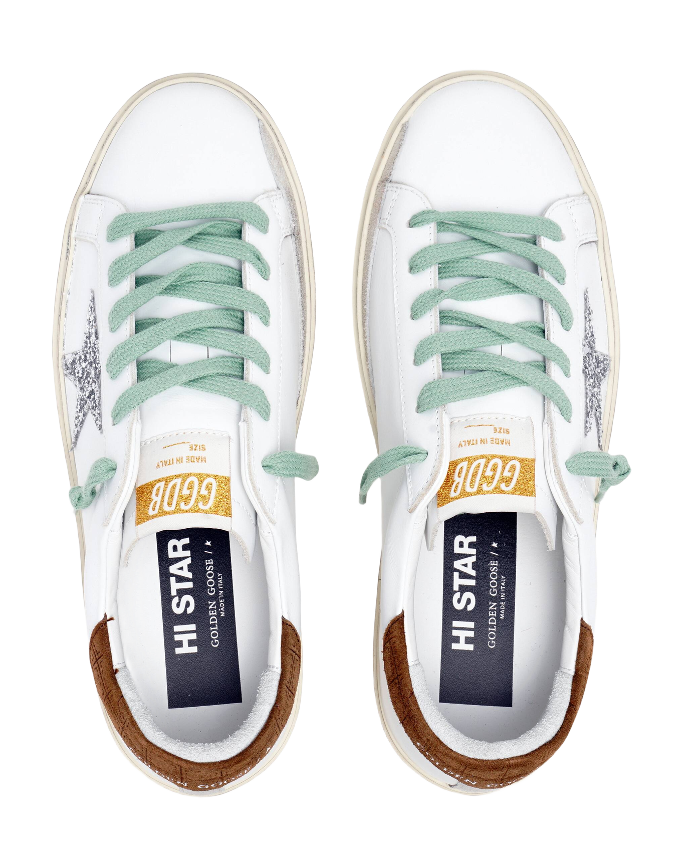 Women | Hi Star Sneakers White Leather with Silver Glitter Star & Brown Hammered Leather Heel Tab | White x Silver x Brown