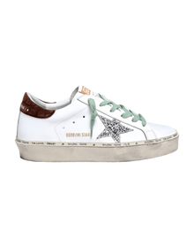 Women | Hi Star Sneakers White Leather with Silver Glitter Star & Brown Hammered Leather Heel Tab | White x Silver x Brown