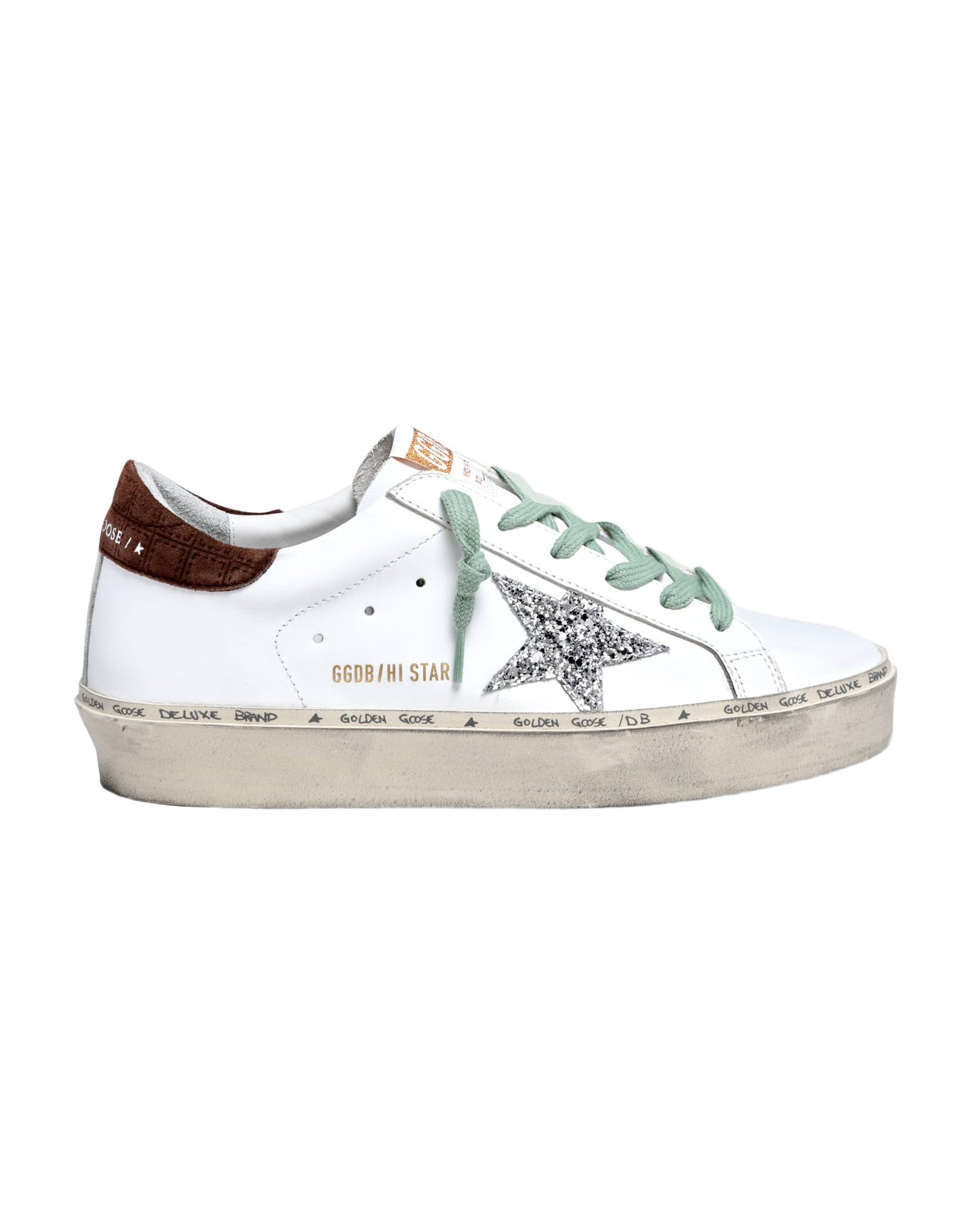 Women | Hi Star Sneakers White Leather with Silver Glitter Star & Brown Hammered Leather Heel Tab | White x Silver x Brown