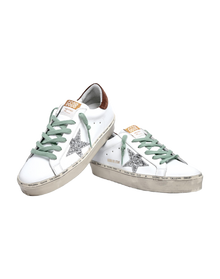 Women | Hi Star Sneakers White Leather with Silver Glitter Star & Brown Hammered Leather Heel Tab | White x Silver x Brown