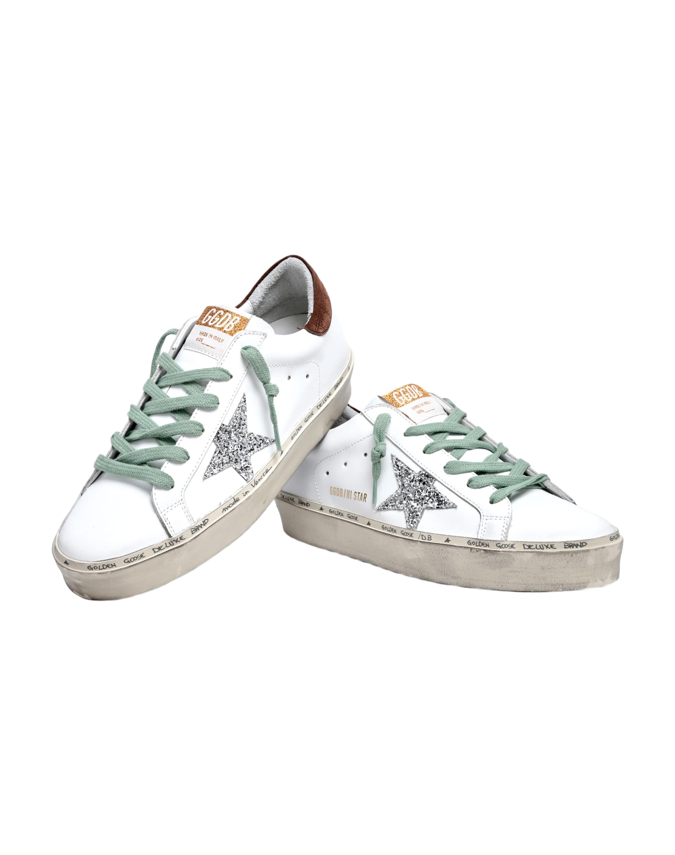 Women | Hi Star Sneakers White Leather with Silver Glitter Star & Brown Hammered Leather Heel Tab | White x Silver x Brown