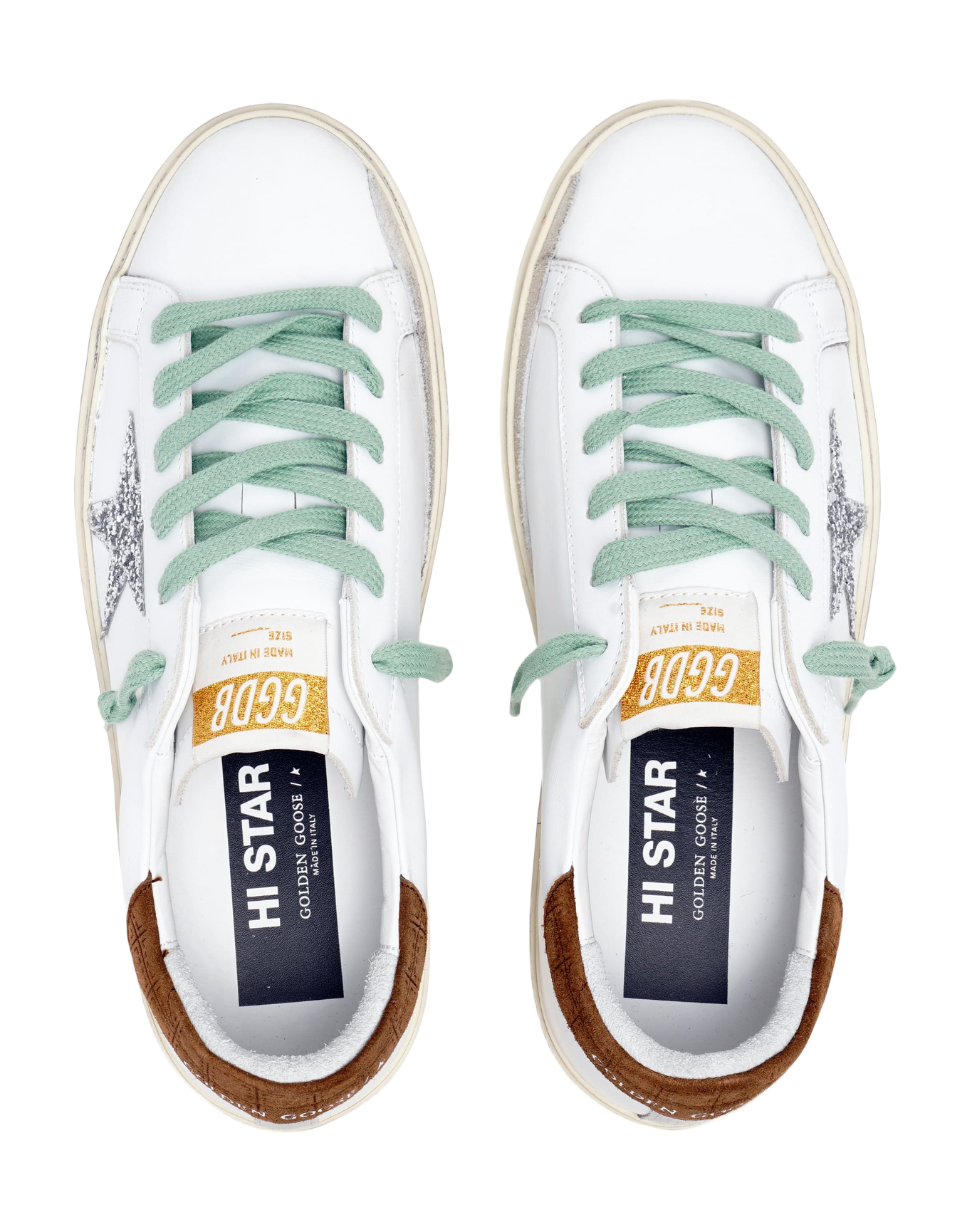Women | Hi Star Sneakers White Leather with Silver Glitter Star & Brown Hammered Leather Heel Tab | White x Silver x Brown
