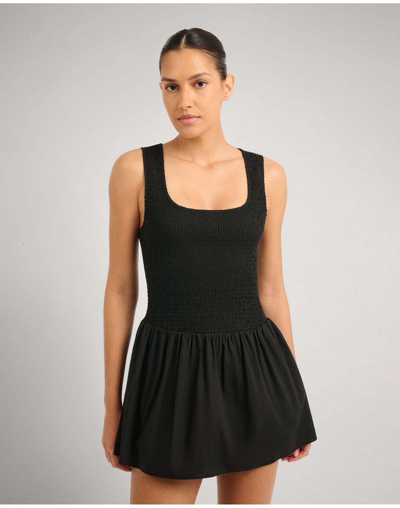 Women | Poplin Smocked Mini Dress | Black