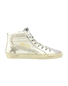 Women | Slide Sneakers Leather with Glitter Tongue & Flash with Studs | White x Silver x Ice