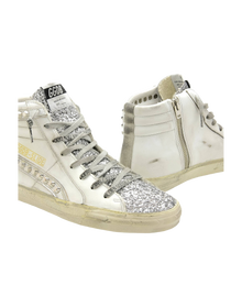 Women | Slide Sneakers Leather with Glitter Tongue & Flash with Studs | White x Silver x Ice
