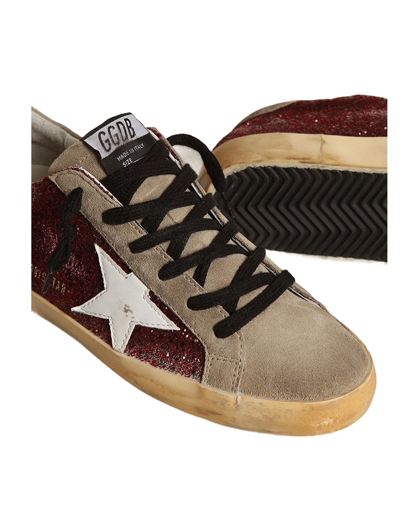 Women | Super-Star Burgundy Glitter with White Leather Star & Dove-Gray Suede Tongue | Bordeaux x Taupe x White