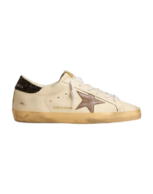 Women | Super-Star Ltd with Laminated Leather Star & Black Glitter Heel Tab | White x Light Brown x Black