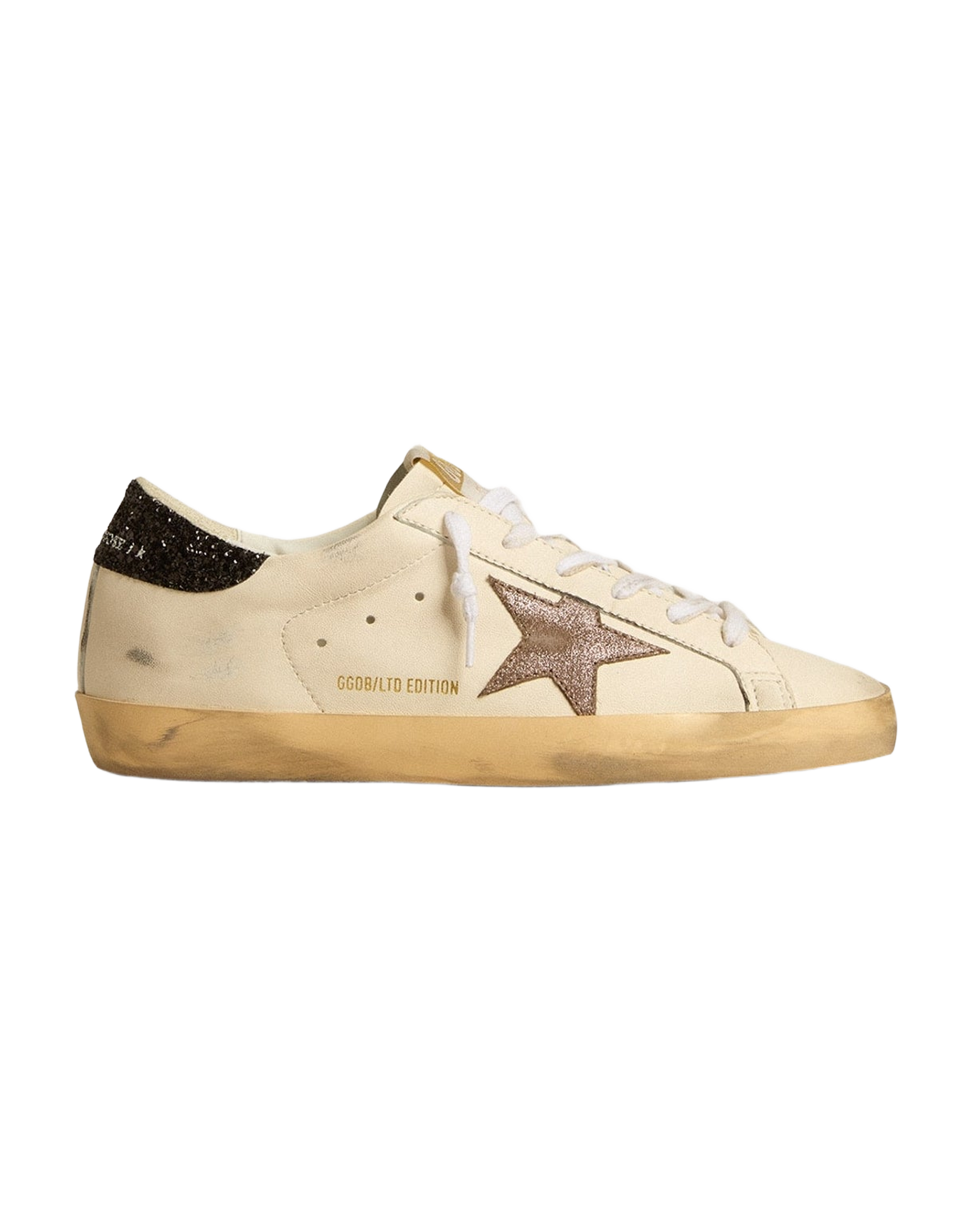 Women | Super-Star Ltd with Laminated Leather Star & Black Glitter Heel Tab | White x Light Brown x Black