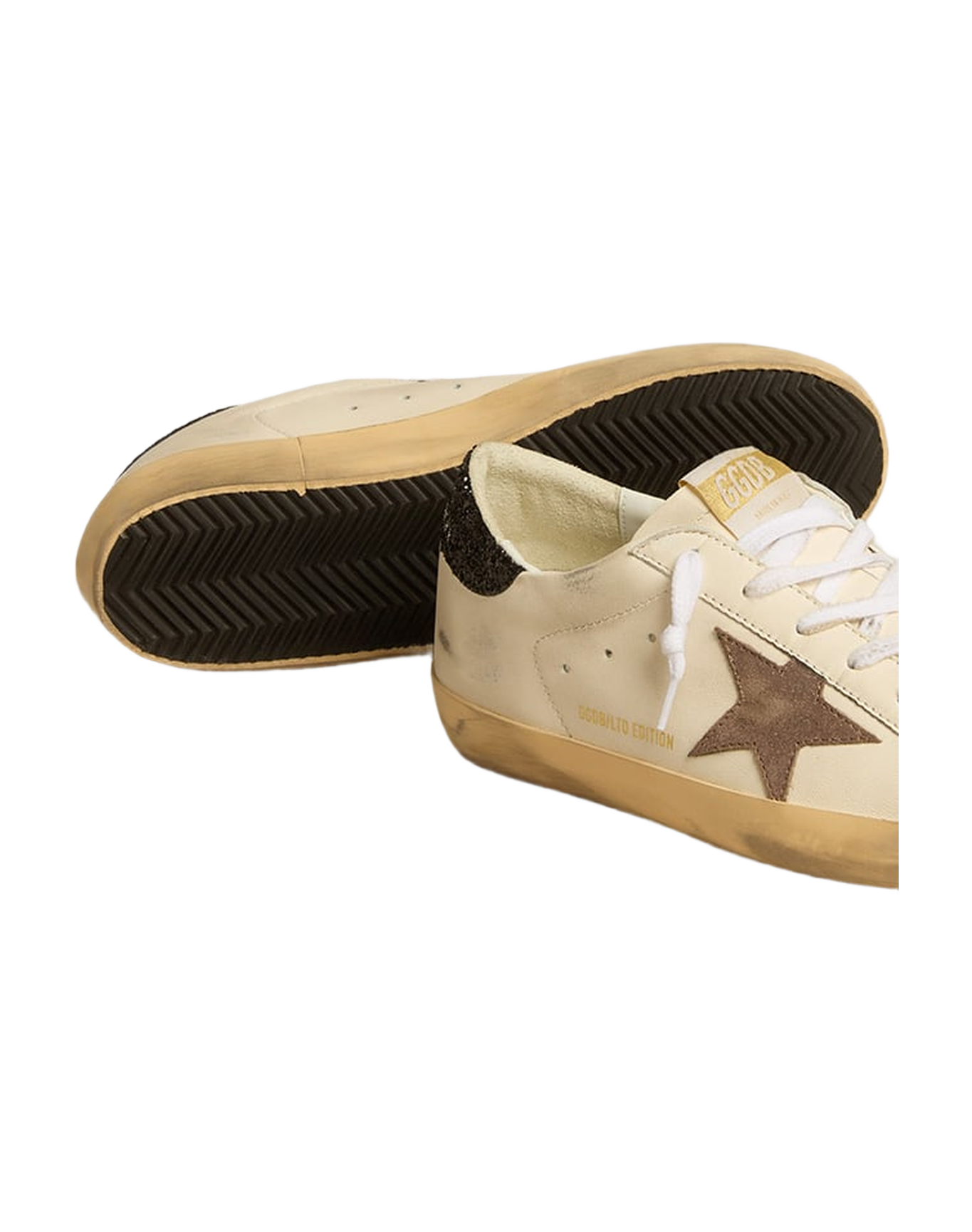 Women | Super-Star Ltd with Laminated Leather Star & Black Glitter Heel Tab | White x Light Brown x Black