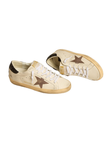 Women | Super-Star Ltd with Laminated Leather Star & Black Glitter Heel Tab | White x Light Brown x Black
